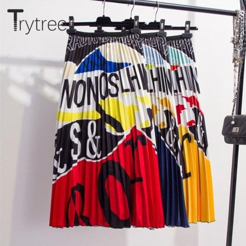 Trytree 2020 Summer Autumn Pleated Skirt Womens Print Letter Skirt Mid-Calf Elastic Waist Skirts A-Line High Street Skirt Female