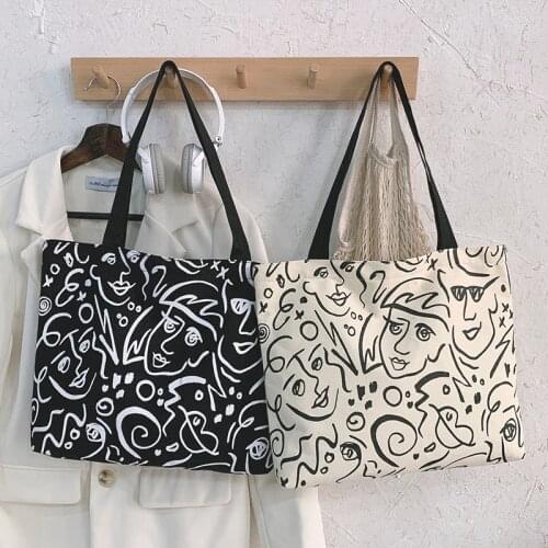 Creative Cartoon Graffiti Tote Shopping Bag for Lady Canvas Shoulder Bag Women Students Cotton Cloth Eco Shopper Bag