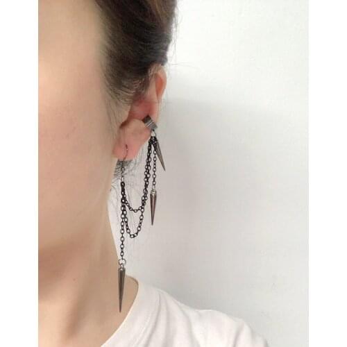 Retro Asymmetrical Womens Clip Earrings Long and Short Rivet Earings Punk Barrel Nail Tassel Ear Rings Gothic Jewelry VGE115