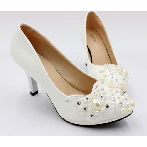 8CM high heels shoes woman ivory pearls sweet lace butterfly designer bridal wedding shoes bride in stock quick shipping NQ199
