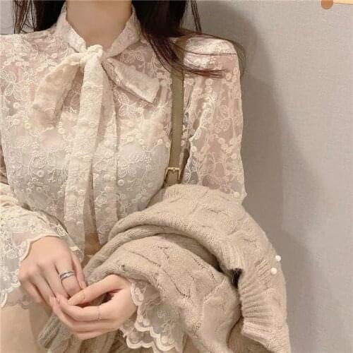 Womens Lace Top Bow Top Autumn and Winter 2020 Blusas Ropa De Mujer