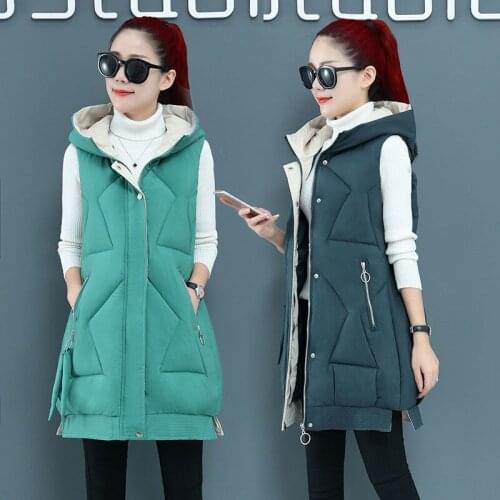 2021 Women Winter Elegant Waistcoat Lady Long Down Cotton Loose Sleeveless Hooded Pocket Vest Female All-Match Solid Vest M61