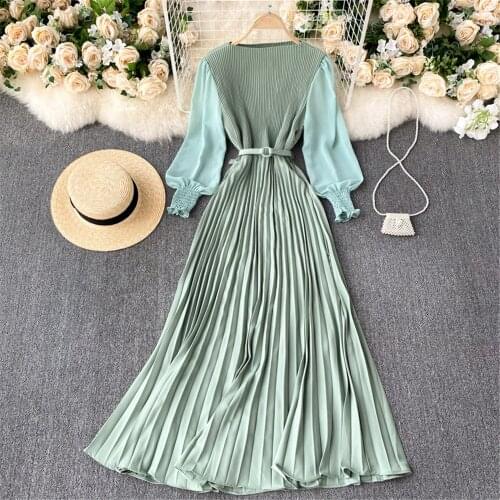 Women Pleated Party Long Dress Fashion Elegant Long Sleeve High Waist Dresses French Robe Vestidos Female Clothing 2021 Atopos