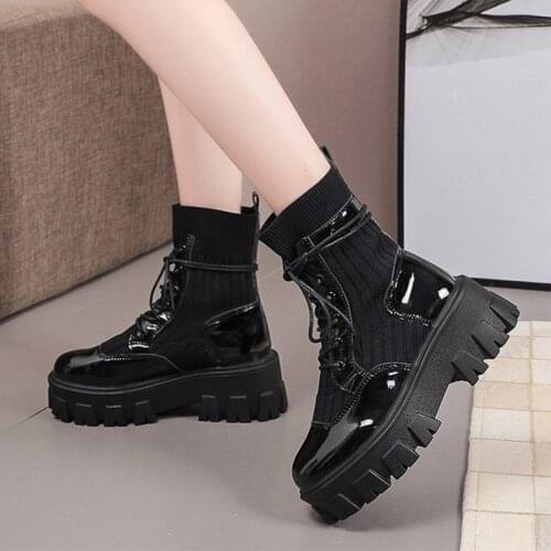 Women Winter Ankle Boots Knitted Fashion Platform Ladies Autumn Plush Warm Lace-up Short Botas 2021 Chunky Heels Female Shoes