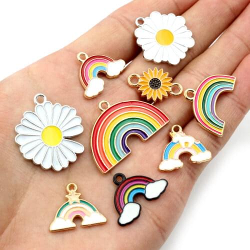 8pcs/lot Sunflower Rainbow Enamel Metal Pendant Charms for DIY Necklace Bracelet Jewelry Making Findings Supplies