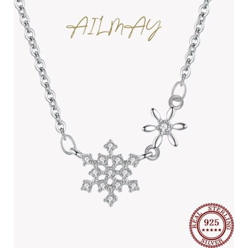 Ailmay Genuine 925 Sterling Silver Dazzling Clear CZ Simple Snowflake Shape Pendant Necklace Fine Female Fashion Jewelry