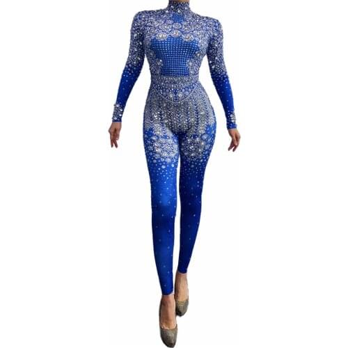 Sparkling Evening Party Rhinestone Jumpsuit Women Long Sleeve Stretch Skinny Crystal Bodysuit Dancer Leggings Stage Costumes