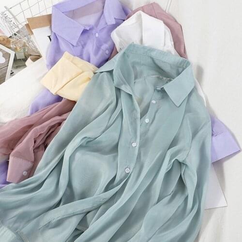 2021 Women Summer Fashion Chiffon Blouses Womens Korean Style Loose Soft See-through Thin Sun Protection Shirts Outerwear L108