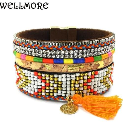 Wellmore beaded bracelets ,leather ,tassel details Magnetic wrap bracelets have 3 size Bohemian bracelets&bangles for women