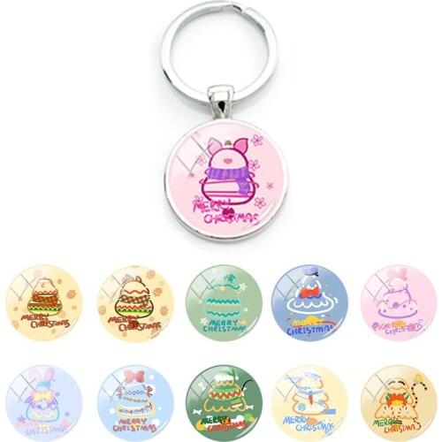 Disney Art Pictures Christmas Tree Pattern Flat Bottom Pendant Glass Cabochon Keychains for Girls Womens Christmas Gifts DUF01