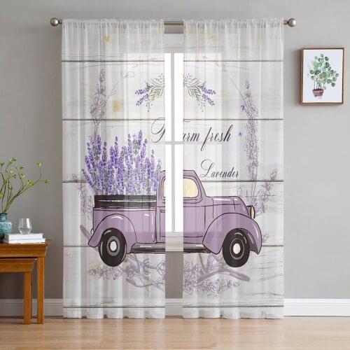 Farm Rural Style Lavender Vintage Truck Voile Tulle Sheer Curtains for Bedroom Living Room Kitchen Decor Chiffon Windows Curtain