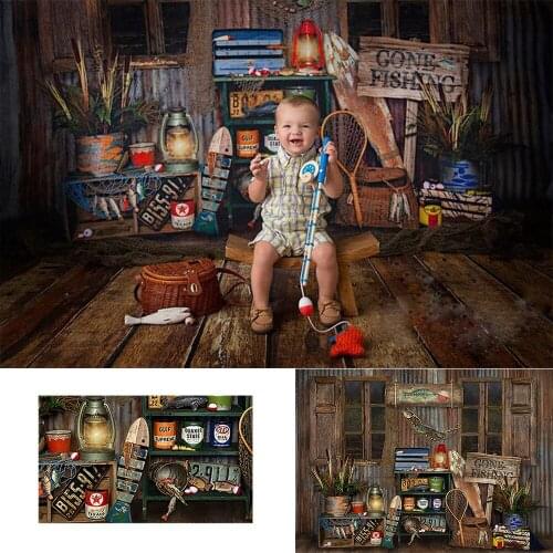 Cake Smash Kids Photography Backdrops Gone Fish1st Birthday Photography Wood House Prop Mermaid Baby Background Phototudio