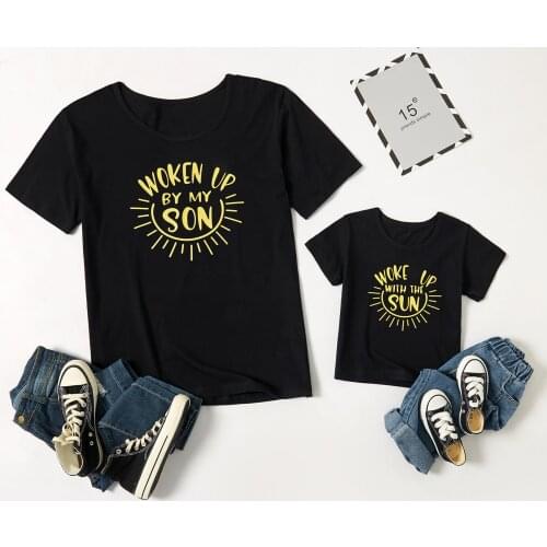 PatPat 2021 New Summer Letter Print Black Cotton T-shirts for Dad and Me