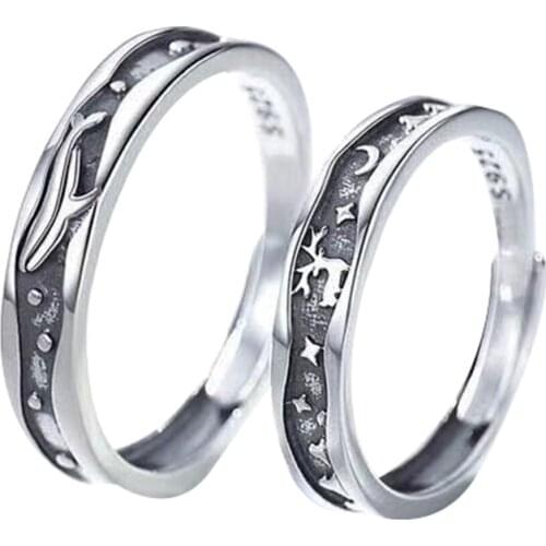 Retro Trendy Ocean Whale And Forest Deer Couple Rings For Women Men Silver Color Ring Adjustable Romantic Jewelry Gifts