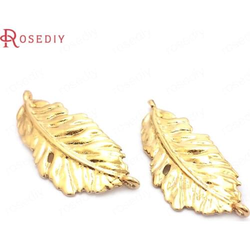 35684)10PCS 11.5x26MM 24K Gold Color Brass 2 Holes Feather Connect Charms Pendants High Quality Jewelry Findings Accessories