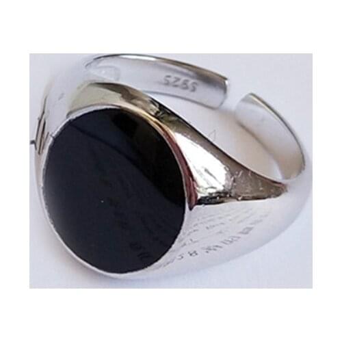 LEVEN FANCY | Sterling Silver 925 Retro Glossy Black Epoxy Open Ring Large Oval Wide Bands For Unisex Jewelry Men Women Ring