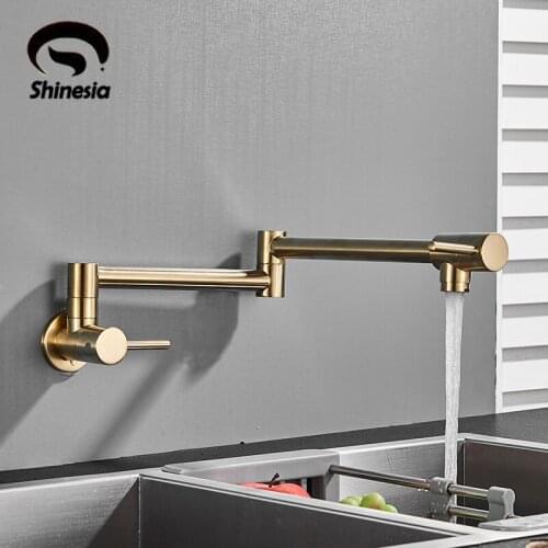 Shinesia Brushed Golden Kitchen Faucet Single Cold Water Single Lever Foldable Rotatable Spout Wall Mount Sink Tap 9 Types