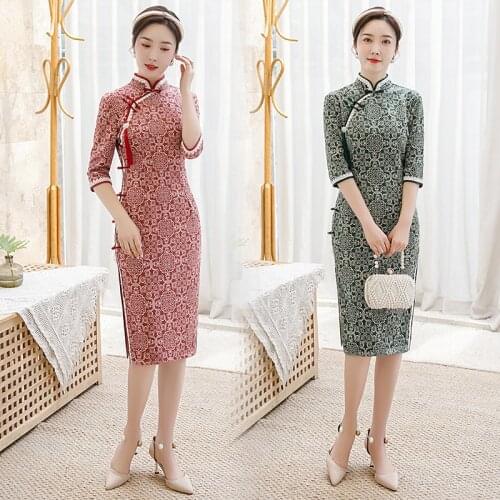 Fashion Chinese Traditional Mandarin Collar Lace Qipao Vintage Embroidery Chiffon Cheongsam Women Party Wedding Dress