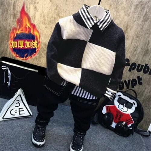 Fashion Boys Clothing Sets boys Knit sweater, plush shirt and thick jeans 3pcs Suits Leisure Children Clothes For Kids suit