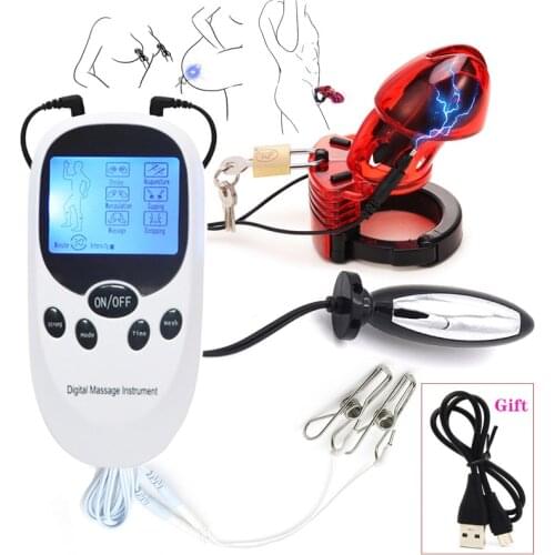 Male Electric Shock CB6000 Chastity Cock Cage Scrotum Lock Ring Penis Sleeve Electro Stimulation Anal Plug Nipple Clamp Sex Toys