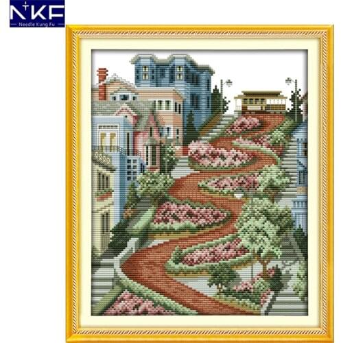 NKF City Streets Pattern 11CT 14CT Painting Cross Stitch Set for Embroidery Stamped Kits Home Decor Needlework Cross Stitch