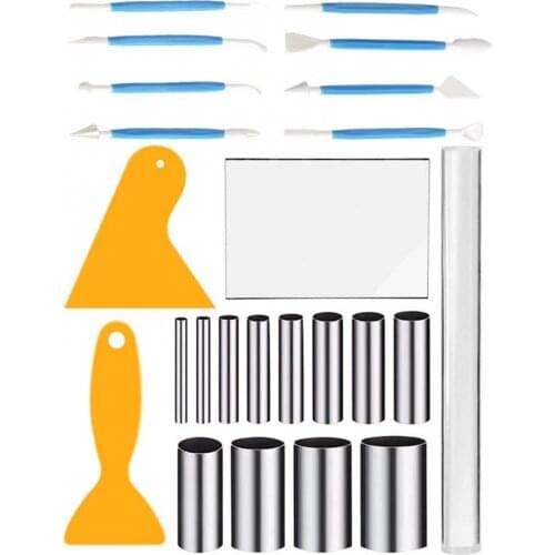 24Pcs Clay Tools Set Acrylic Roller Plastic Scrapers Stainless Steel Round Cutters Pottery Making Sculpting Shaping DIY Crafts