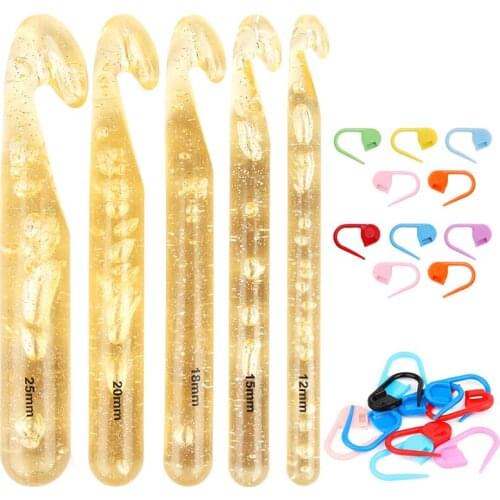 LMDZ Large Size Crochet Hook Set Transparent Handle Knitting Needles DIY Craft Weave Sewing Tools with Plastic Stitching Marker