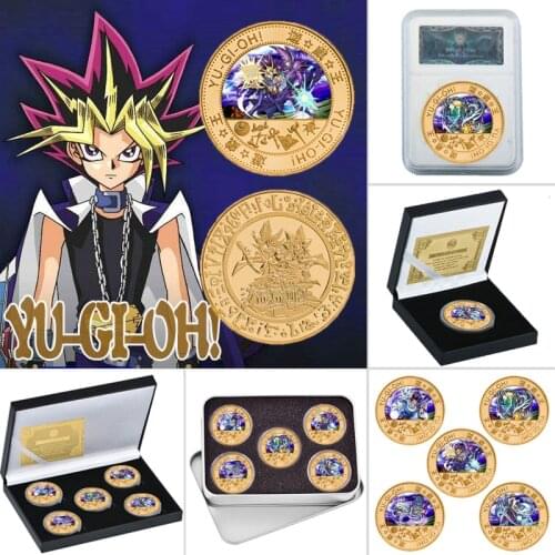 Japanese Anime Duel Monsters Gold Plated Commemorative Coin Set /w Holder Yu Gi Oh Cartoon Challenge Coin Birthday Gift for Kids