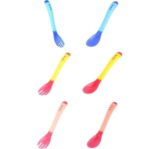 Infants Feeding Baby Slip-resistant Fork Spoon Safety Infant Sensing Temperature Sucker Fork Spoon Tableware