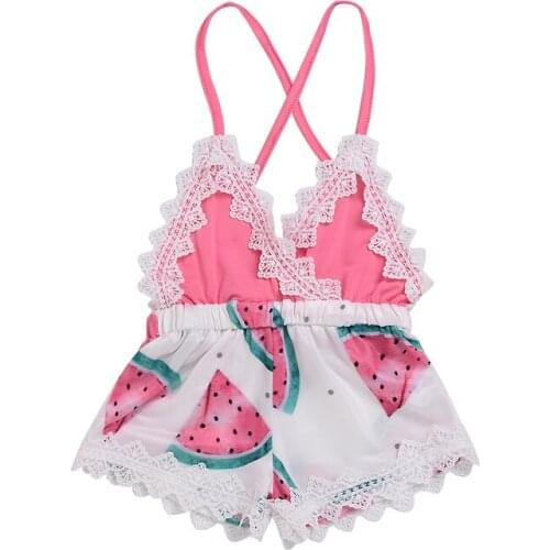 Newborn Toddler Baby Girls 0-5Y Summer Lovely Romper Sleeveless V-Neck Lace Watermelon Print Back Belt Romper Jumpsuits