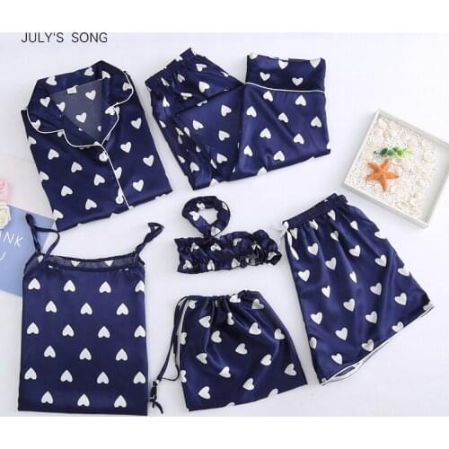 JULYS SONG 7 PCS Faux Silk Satin Pajamas Women Elegant Printed Leisure Homewear 2020 Spring Summer Long Sleeve Female Sleepwear