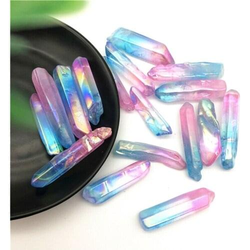 Drop Shipping 50g Electroplated Blue and Pink Titanium Aura Lemurian Crystal Wand Point Healing Natural Stones and Crystals