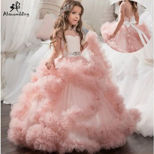 Aibaowedding Fancy Puffy Pink Pageant Dresses for Girls Long Kids Ball Gowns Vestido de Tulle Flower Girl Dresses for Wedding