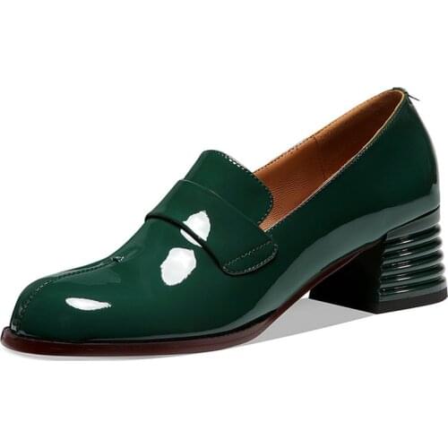 Shoes Woman thick high Heels Shallow Mouth Genuine Leather Women Office Shoes 2021 Summer Wedding Party Ladies Pumps