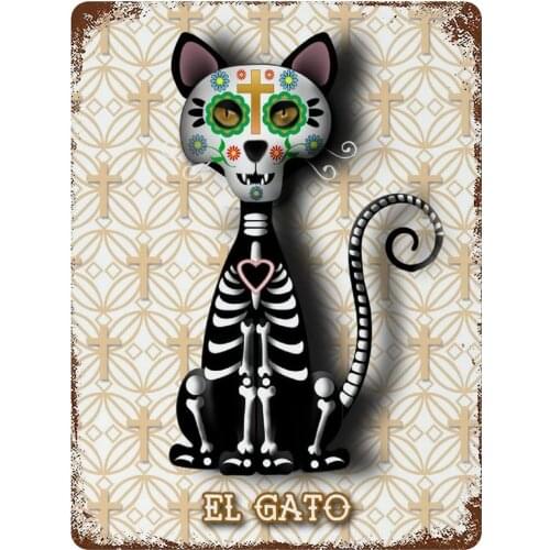 Dia De Los Muertos Cat Metal Tin Sign Vintage Wall Poster Retro Iron Paniting Metal Plaque Sheet For Garden Beach Club Bar