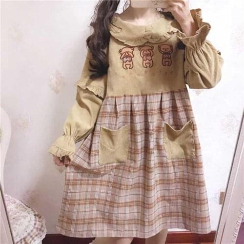 Japanese Kawaii Girl Sweet Lolita Dress Lattice Loose Peter Pan Collar Victorian Cute Embroidery Bear Dress Gothic Op Loli Cos