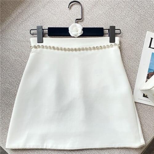 2021 Autumn New Rhinestone Hemming Skirt for Women High Waist Diamond Mini Skirts Femme White Black Woman Skirts