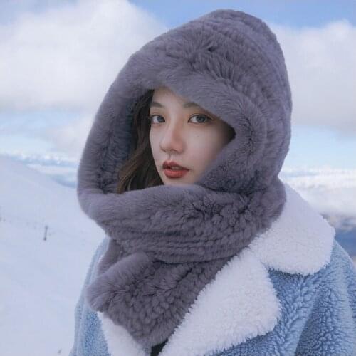 Hat female 2020 new knitted real rex rabbit fur hooded hat scarf winter warm natural fur hat neck scarf
