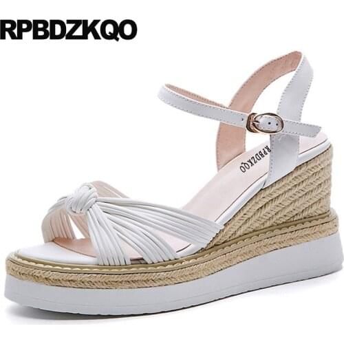 Ladies 2018 Wedge Sandals High Heels Platform Strappy Rope Women Genuine Leather Slingback Luxury Shoes Strap Summer Pumps White