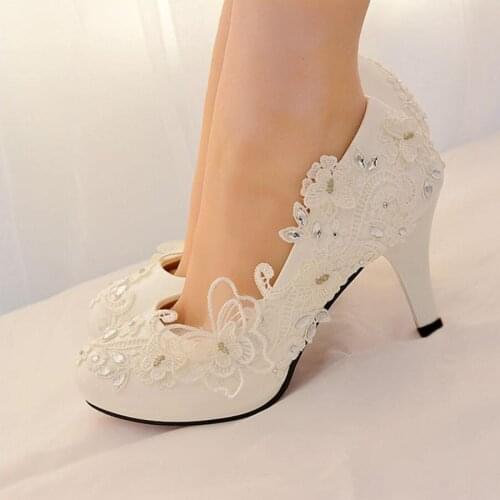 2021 high heels wedding shoes bride rhinestone lace Bow white ladies shoes woman platform high heels women shoes big size 42