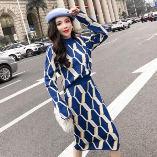 2019 Winter Women Geometric Pattern Knitted Sweater Suits 2 Piece set + Elastic Waist Knee Bodycon Pencil Skirts Set