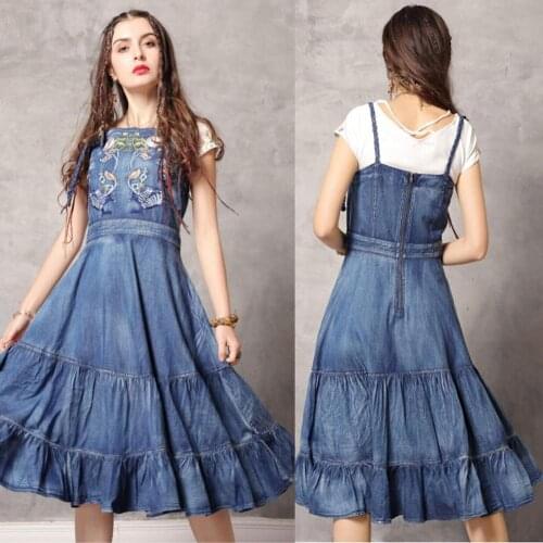 Fashion brand retro long denim flowers embroidery dress female sleeveless with sling retro denim dress wq1973 dropship