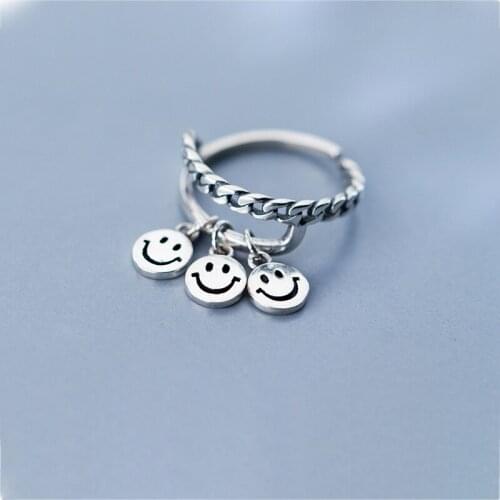 Smiley Smile Face Retro Chain 925 Sterling Silver Adjustable Ring For Women Finger Jewelry Romantic Minimalist Gift