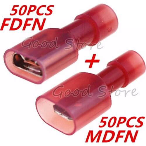 100PCS 50Sets RED MDFN FDFN NYLON Brass Male Female Male Insulated Spade Joint Connector Crimp Terminal Connectors Plug