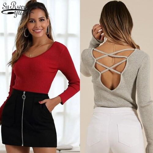 2021 Spring Summer Sexy Women Knitted Top Long Sleeve Slim Hollow Back V-neck Sweater Women Pullover Women Retro Jumper 12816