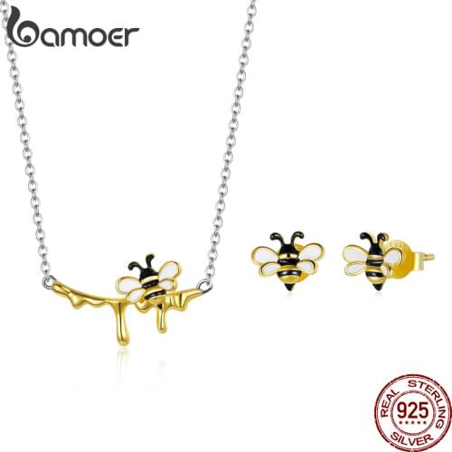 BAMOER Authentic 925 Sterling Silver Enamel Lovely Honey Bee Necklace Bee Earrings for Women Silver 925 Jewelry Set Statement