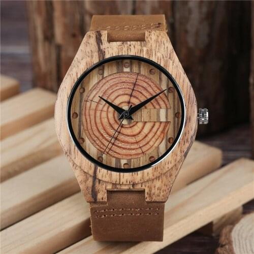 Retro Natural Stylish Mens Wood Watches Brown Genuine Leather Wristband Wooden Stripes Display Male Wood Watch Quartz Timepiece