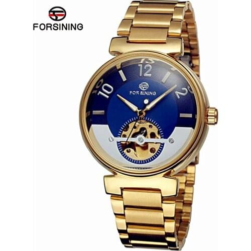 Forsining Ocean Dial Design Mechanical Watch Skeleton Golden Full Stainless Steel Mens Automatic Watches Top Brand Luxury Clocks
