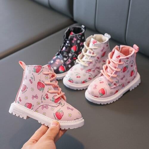 Cotton Warm Girls British Style Leather Boots 2021 Autumn and Winter New Kids Martin Boots Cute Strawberry Short Boots Zipper