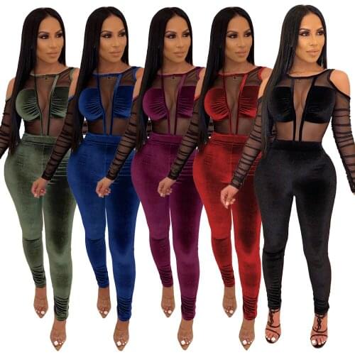 Velvet Stitching Mesh Fashion Sexy Jumpsuit 2021 Womens Jumpsuit Leisure Square Dance Exercise Street Clothing Nightclub Pants